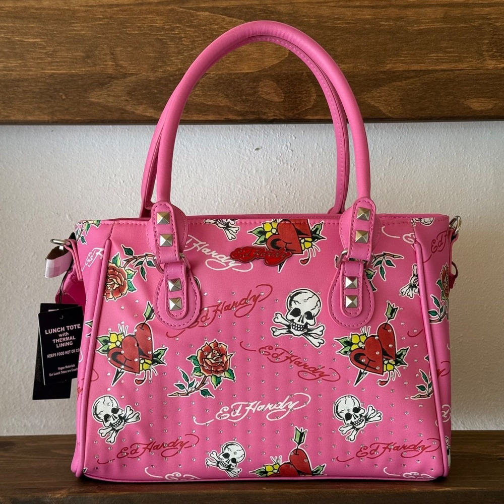 Ed Hardy Pink Skull Heart Thermal Lunch Tote Bag Rhinestone Y2K NWT Insulated